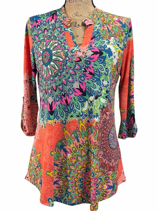 Paisley Grace Tops - Paisley Grace. Coral Multi-Print V-Neck Tunic Top. Size large